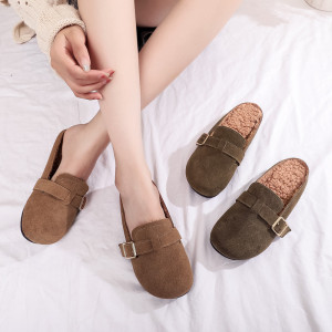 25秋冬百搭底鞋潮时尚加绒保暖深口乐福鞋复古方头磨砂休闲棉拖鞋