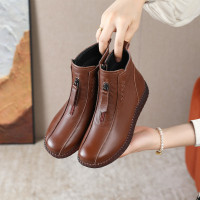 真皮软底短靴女平底25新款羊毛里女靴圆头软皮女鞋冬季加绒女棉鞋