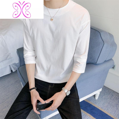 潮流男士秋冬上衣韩版修身7七分袖白色内搭t恤男长袖衣服中袖秋衣