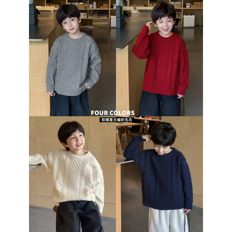 童酷男童冬季新款纯色宽松中小童针织衫韩版百搭加厚儿童毛衣