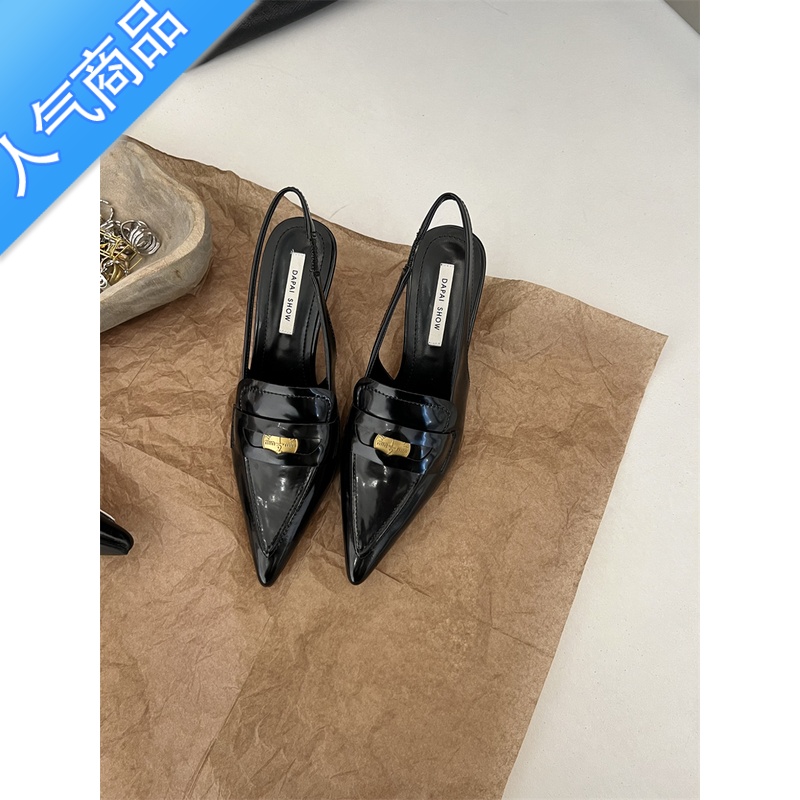 SUNTEK韩国东大门拼色皮鞋高跟鞋女细跟小金币罗马凉鞋2023新款尖头单鞋