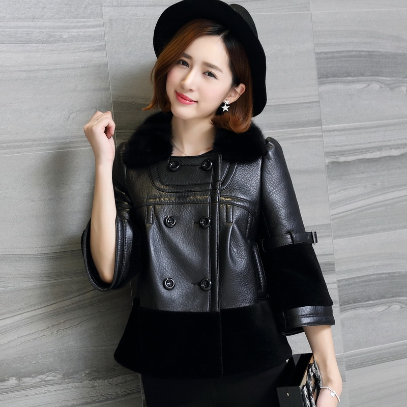 【限时大促】Cylum旗下海宁真皮皮衣女短款夹克小外套女装绵羊皮草水貂毛领韩版修身夹棉
