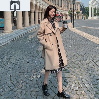 SUNTEK风衣女中长款2020秋季薄款外套新款卡其学院风系带修身长款女上衣风衣