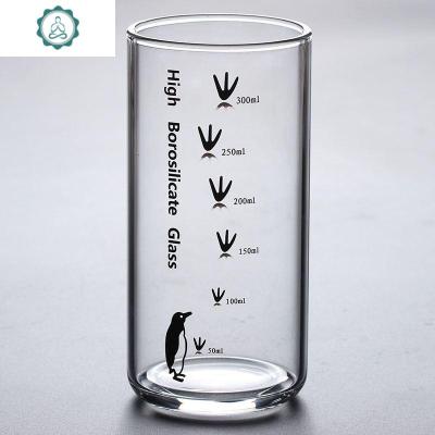 奶茶杯把手实用带刻度量杯式水杯便携玻璃杯直身简约广口杯透明封后N87企鹅刻度杯300mlO26