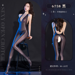 霏慕性感情趣内衣深V薄透油亮开裆连体衣免脱黑丝女式情趣睡衣6758