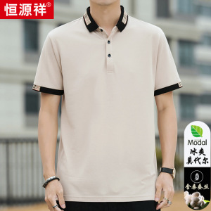 恒源祥凉感亲肤桑蚕丝t恤男士短袖2024夏季新款时尚翻领半袖男t恤
