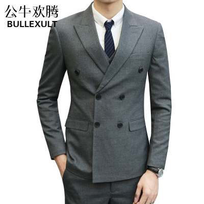 公牛欢腾2019西服套装男士双排扣三件套韩版修身纯色休闲商务正装西装男
