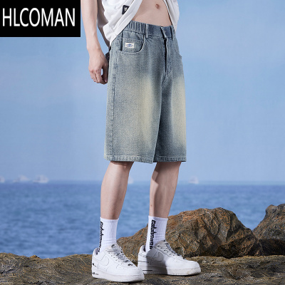 HLCOMAN复古星空纹牛仔短裤男士2024新款宽松夏季薄款五分休闲裤阔腿中裤