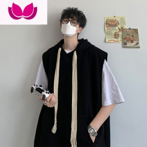 七斓夏季连帽背心男运动休闲ins潮牌港风学生百搭潮流宽松无袖T恤卫衣