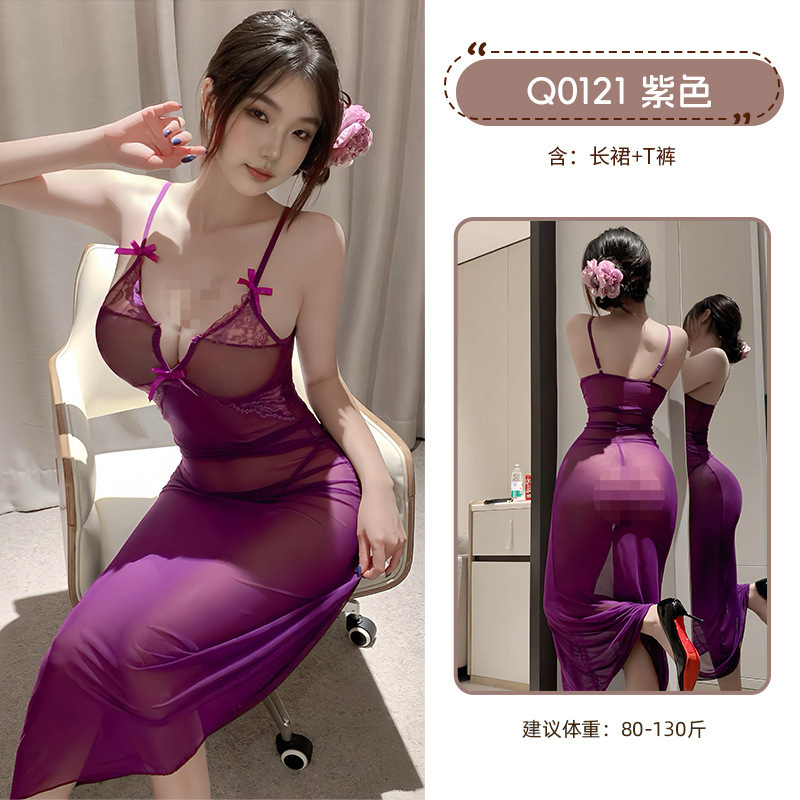 九里晴川蕾丝深V连衣裙性感纯欲风蝴蝶结吊带深V蕾丝透肤露背睡裙