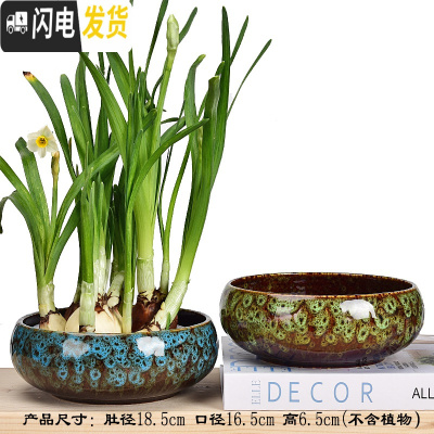 三维工匠水仙花盆铜钱睡莲碗莲荷花多肉水培花盆容器无孔陶瓷特大号 沫雨花盆2件套(无孔水培) 中等