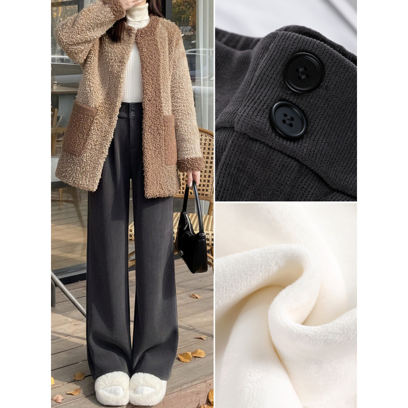 灰色灯芯绒阔腿裤子女新款秋冬季加绒高腰垂感窄版直筒西装裤