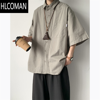 HLCOMAN日系复古廓形短袖衬衫男款夏季oversize潮牌工装休闲褶皱半袖外套