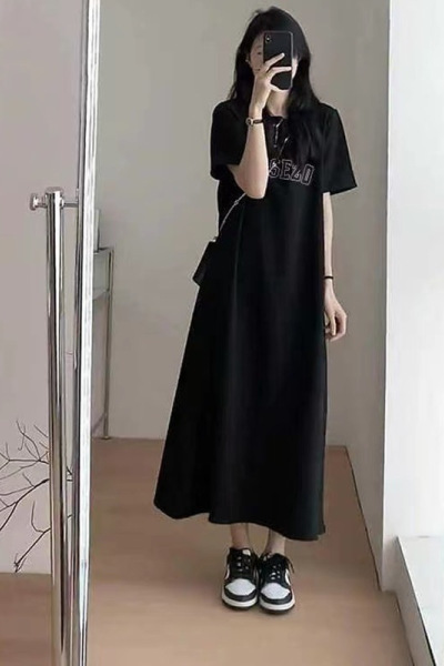 韩国大码T恤女装夏季宽松短袖T恤裙子休闲打底衫开叉过膝连衣裙女