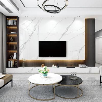 悬空电视背景墙现代简约客厅大理石网红轻奢木格栅岩板电视墙定制