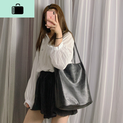 包包女单肩包大容量水桶包2020新款韩版百搭学生大包时尚手提女包NEW LAKE 黑色女手包