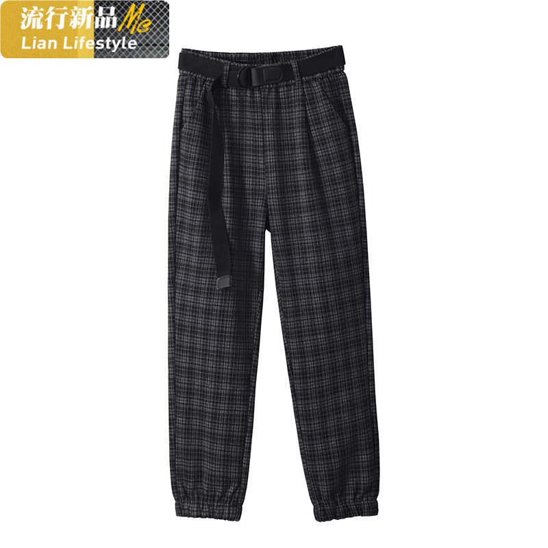 恋名媛细格子湛灰色休闲裤女宽松2020秋冬新款显瘦港味bf风束脚哈伦裤