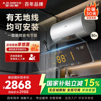 AO史密斯60升电热水器 无地线可安装 专利安全隔电 金圭内胆 速热节能 一键中温保温EVDS升级款80DX2