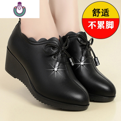 FISHBASKET妈妈鞋软底皮坡跟单鞋新款中年女士皮鞋子款中老年女鞋休闲鞋