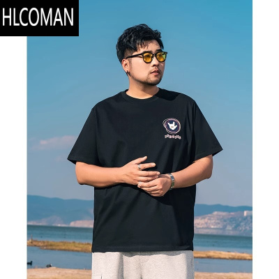 HLCOMAN男装夏季新款水洗做旧胖子宽松加肥加大休闲半袖短袖T恤