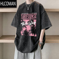 HLCOMAN设计感夏季水洗做旧短袖t恤男ins潮牌宽松美式复古半袖体恤衫