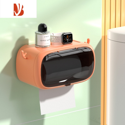 三维工匠卫生间纸巾盒壁挂式防水厕纸盒免打孔抽纸盒厕所卫生纸卷纸置物架 橙色+不锈钢卷轴+3组可变换耳朵