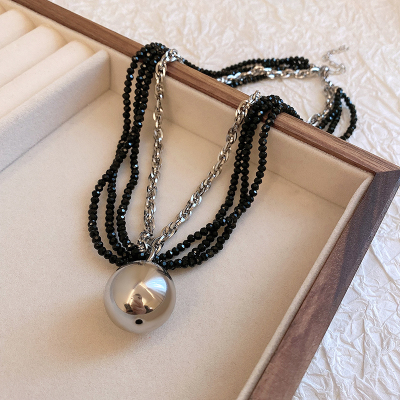大圆珠吊坠黑色项链配饰女夸张锁骨链2024年新款轻奢小众颈链送女朋友老婆情人节七夕生日礼物