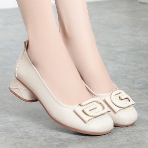 妈妈鞋新款春秋浅口舒适粗跟单鞋软底低跟大码圆头防滑中老年女鞋