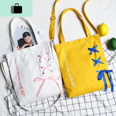 新款丝带款chic个性帆布包女单肩百搭文艺韩国两用学生书包大容量NEW LAKE女手包
