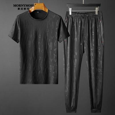 默尼密思品牌大码男装短袖T恤冰丝胖子加肥加大码休闲套装暗纹印花肥佬长裤两件套