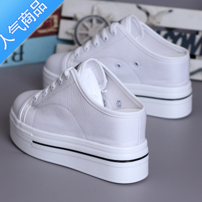 SUNTEK2021春季小白鞋女厚底内增高6M无后跟半拖鞋女懒人鞋一脚蹬帆布