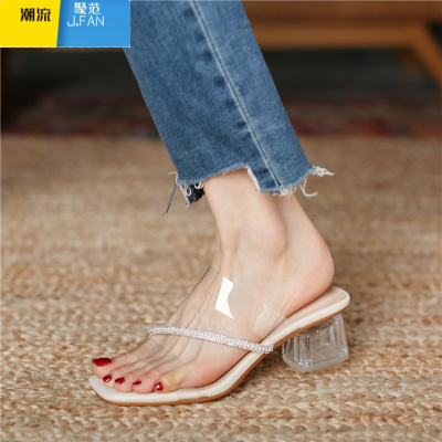 聚范透明高跟鞋方头凉鞋2021夏季新款仙女水钻凉拖鞋女粗跟时尚一字拖米白色跟高4CM拍下备注平时所穿尺码或联系客服