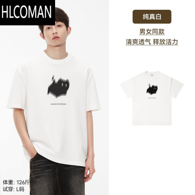 HLCOMAN「趣味可爱小猫印花正肩短袖t恤男新款休闲宽松上衣夏