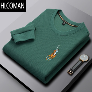 HLCOMAN华夫格圆领男士长袖t恤po高端卫衣加绒加厚打底衫中年装