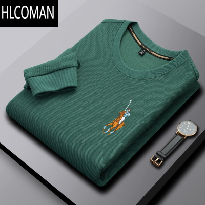 HLCOMAN华夫格圆领男士长袖t恤po高端卫衣加绒加厚打底衫中年装