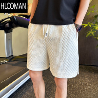 HLCOMAN潮牌设计感白色五分裤2025夏季新款韩版提花开叉短裤男外穿沙滩裤