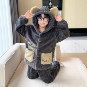 儿童装男童睡衣春秋冬款家居服珊瑚绒男孩冬季加厚加绒大童法兰绒