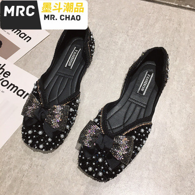 方头单鞋女2020春款韩版ins时尚珍珠蝴蝶结亮片仙女风平底豆豆鞋墨斗潮品休闲鞋