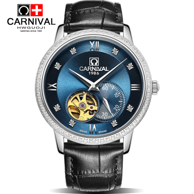 正品嘉年华Carnival男士全自动机械表 男进口机芯手表防水镂空休闲时尚潮流真皮男手表高档腕表508L镂空