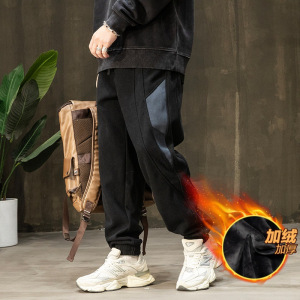 |加绒针织拼接休闲裤男秋冬新款工装男士运动黑色束脚长裤