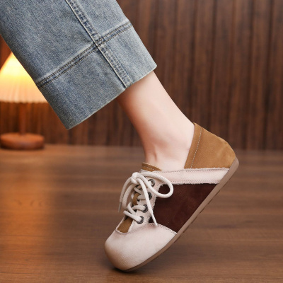 头层牛皮单鞋女2026春季新款平底真皮内增高系带舒适百搭休闲鞋