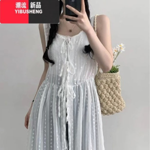 YIBUSHENG韩国chic季蝴蝶结绑带圆领蕾丝背心裙女宽松刺绣开叉长款连衣裙 白色 均码