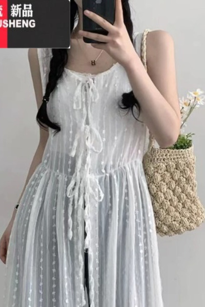 YIBUSHENG韩国chic季蝴蝶结绑带圆领蕾丝背心裙女宽松刺绣开叉长款连衣裙