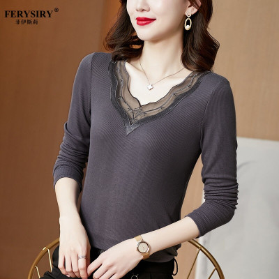 菲伊斯莉旗舰店t恤女长袖v领莫代尔春秋季2022年新款上衣洋气小衫减龄
