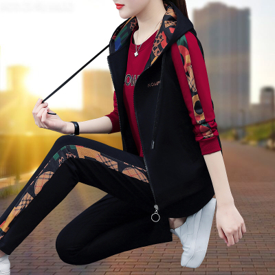 晗亦然运动服套装女春秋2021年新款春装中年妈妈休闲马甲卫衣三件套1359