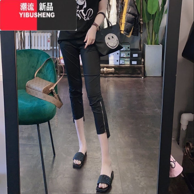 YIBUSHENG七分铅笔裤女季薄款黑色弹力修身高腰不规则拉链小脚外穿休闲裤