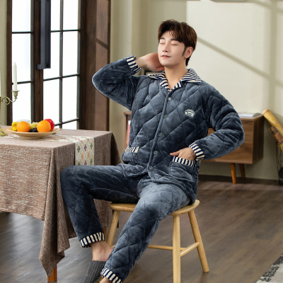 冬季珊瑚绒法兰绒夹棉三层加厚款睡衣男士棉衣加绒棉袄家居服套装