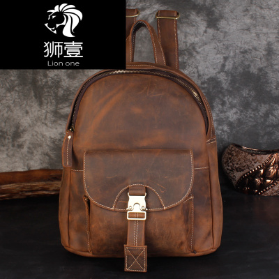 狮壹（Lionone）复古疯马皮双肩包男头层牛皮学生包加厚真皮电脑包真皮背包旅行包