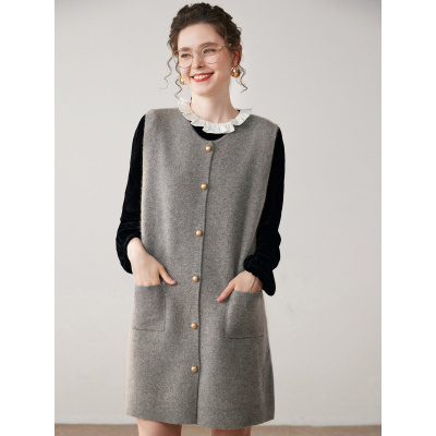 山羊绒开衫马甲女圆领无袖四平加厚口袋中长款坎肩针织打底外套