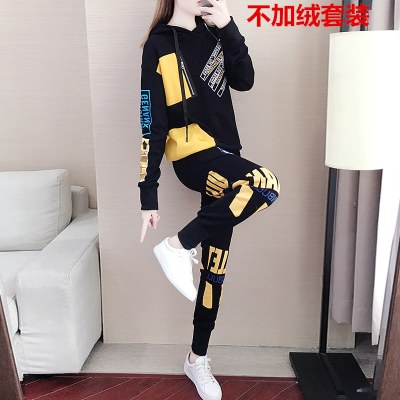 珂卡慕(KEKAMU)套装女春秋新款时尚网红气质运动休闲卫衣两件套黑色不加绒套装默认颜色S